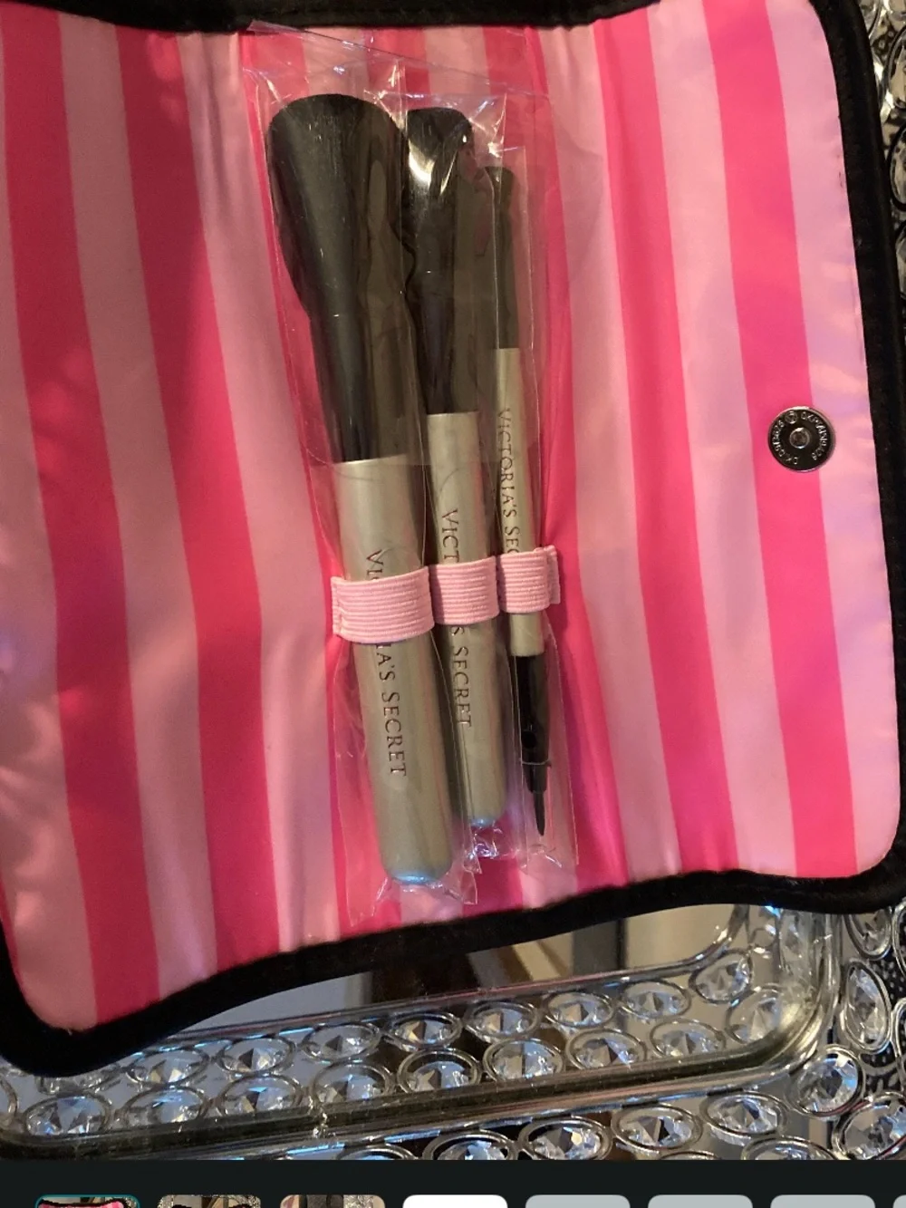 Silver Handle Brush Trio with Pink Striped Pouch